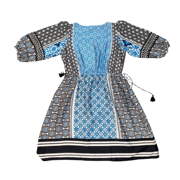 LOFT Tassel Boho Dress Size L Blue Geometric mosaic Tie - Picture 9 of 9